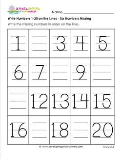 Write Numbers 1-20 - 6 Numbers Missing - Numbers Worksheets