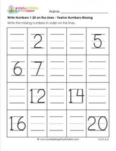 write numbers 1-20 on the lines - twelve numbers missing