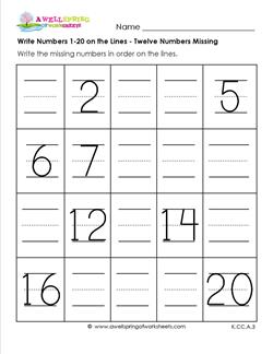 write numbers 1-20 on the lines - twelve numbers missing