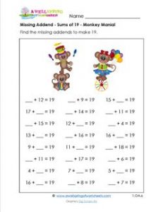 Missing Addend Worksheet - Sums of 19 - Monkey Mania! - First Grade Addition Worksheets