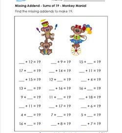 Missing Addend Worksheet - Sums of 19 - Monkey Mania! - First Grade Addition Worksheets
