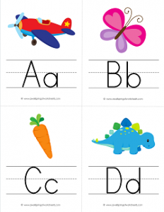 Alphabet Flash Cards with Pictures - Upper and Lower Case Letters on Primary Writing Lines