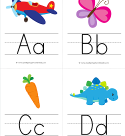 Alphabet Flash Cards with Pictures - Upper and Lower Case Letters on Primary Writing Lines