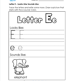 Letter E Looks Like Sounds Like Worksheet - Alphabet Worksheets