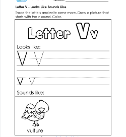 Letter V Looks Like Sounds Like Worksheet - Alphabet Worksheets