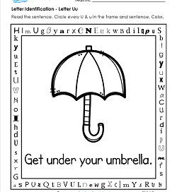 Letter Identification - Letter U - Kindergarten Alphabet Worksheets