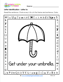 Letter Identification - Letter U - Kindergarten Alphabet Worksheets