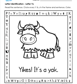 Letter Identification - Letter Y - Kindergarten Alphabet Worksheets