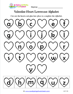 Valentine Heart Lowercase Alphabet Cut & Paste - Valentine Hearts Worksheets