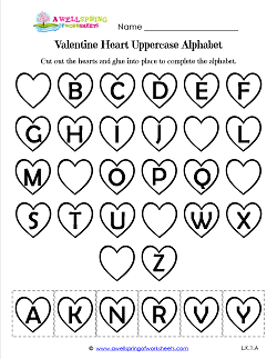 Valentine Heart Uppercase Alphabet Cut & Paste - Valentine Heart Worksheets