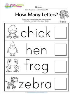 Print Awareness - How many Letters - Animal Words -2