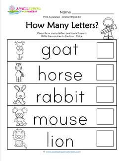 Print Awareness - How many Letters - Animal Words -3