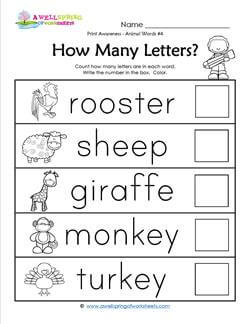 Print Awareness - How many Letters - Animal Words -4