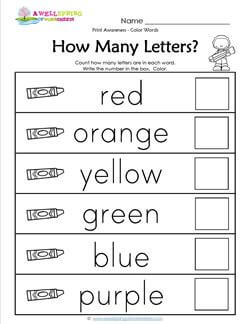 Print Awareness - How many Letters - Color Words