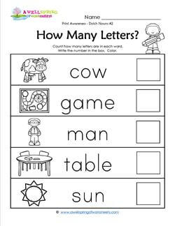 Print Awareness - How many Letters - Dolch Nouns - 2