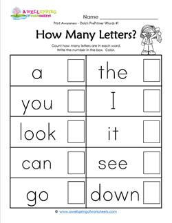 Print Awareness - How many Letters - Dolch Words - 1