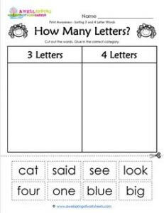 Print Awareness- How Many Letters? Sorting 3 and 4 Letter Words