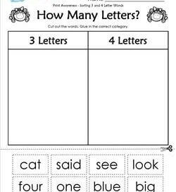 Print Awareness- How Many Letters? Sorting 3 and 4 Letter Words