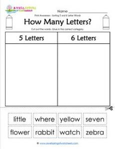 Print Awareness - How Many Letters? Sorting 5 & 6 Letter Words