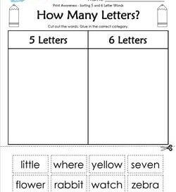 Print Awareness - How Many Letters? Sorting 5 & 6 Letter Words