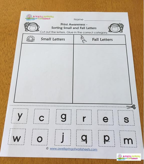 Tall, Small and Fall Letters- Sorting Worksheet Close-Up