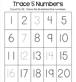 Trace Numbers 1-20 Worksheets - Trace 5 Numbers