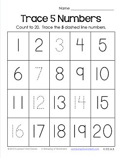 Trace Numbers 1-20 Worksheets - Trace 5 Numbers
