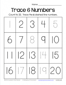 Trace Numbers 1-20 Worksheets - Trace 6 Numbers