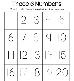 Trace Numbers 1-20 Worksheets - Trace 6 Numbers