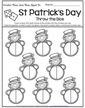 St Patrick's Day Worksheets - Comparing Numbers - Throw the Dice