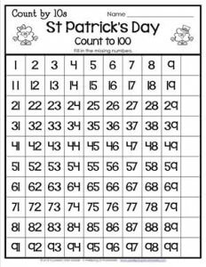 St Patrick's Day Worksheets - Count by 10's - Count to 100