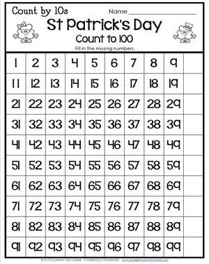 St Patrick's Day Worksheets - Count by 10's - Count to 100