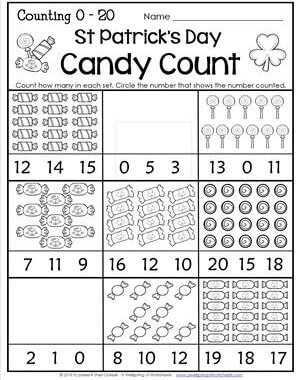 St Patrick's Day Worksheets - Counting 0-20 - Candy Count