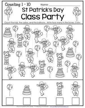 St Patrick's Day Worksheets - Counting 1-10 - Class Party