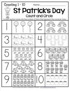 St Patrick's Day Worksheets - Counting 1-10 - Count and Circle