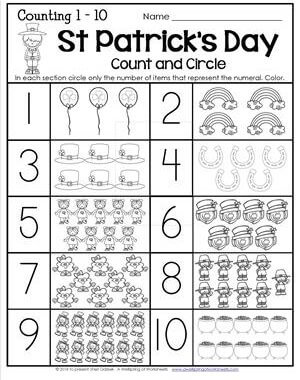 St Patrick's Day Worksheets - Counting 1-10 - Count and Circle