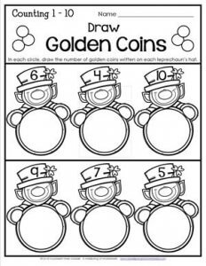 St Patrick's Day Worksheets - Counting 1-10 - Draw Golden Coins