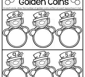 St Patrick's Day Worksheets - Counting 1-10 - Draw Golden Coins