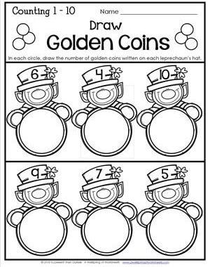 St Patrick's Day Worksheets - Counting 1-10 - Draw Golden Coins