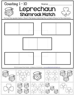 St Patrick's Day Worksheets - Counting to 1-10 - Leprechaun Shamrock Match