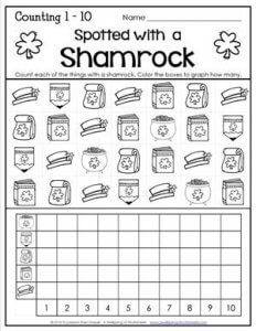 St Patrick's Day Worksheets - Counting 1-10 - Spotted with a Shamrock