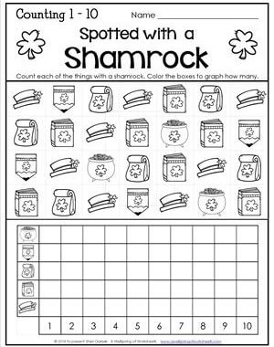St Patrick's Day Worksheets - Counting 1-10 - Spotted with a Shamrock