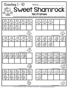 St Patrick's Day Worksheets - Counting 1-10 - Sweet Shamrock Ten Frames