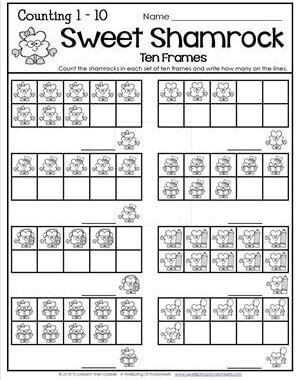 St Patrick's Day Worksheets - Counting 1-10 - Sweet Shamrock Ten Frames