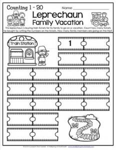 St Patrick's Day Worksheets - Counting 1-20 - Leprechaun Family Vacation