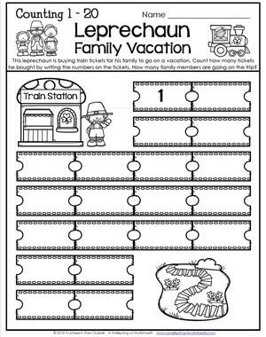 St Patrick's Day Worksheets - Counting 1-20 - Leprechaun Family Vacation