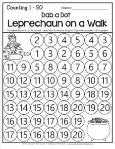 St Patrick's Day Worksheets - Counting 1-20 - Dab a Dot - Leprechaun on a Walk