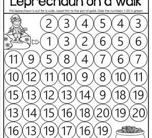 St Patrick's Day Worksheets - Counting 1-20 - Dab a Dot - Leprechaun on a Walk