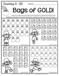 St Patrick's Day Worksheets - Counting 11-20 - Bags of GOLD!