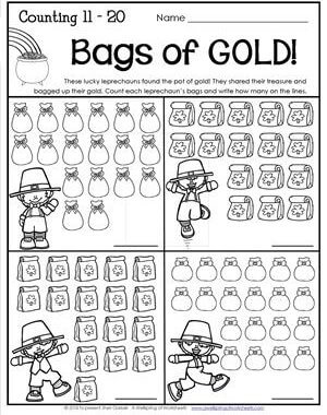 St Patrick's Day Worksheets - Counting 11-20 - Bags of GOLD!